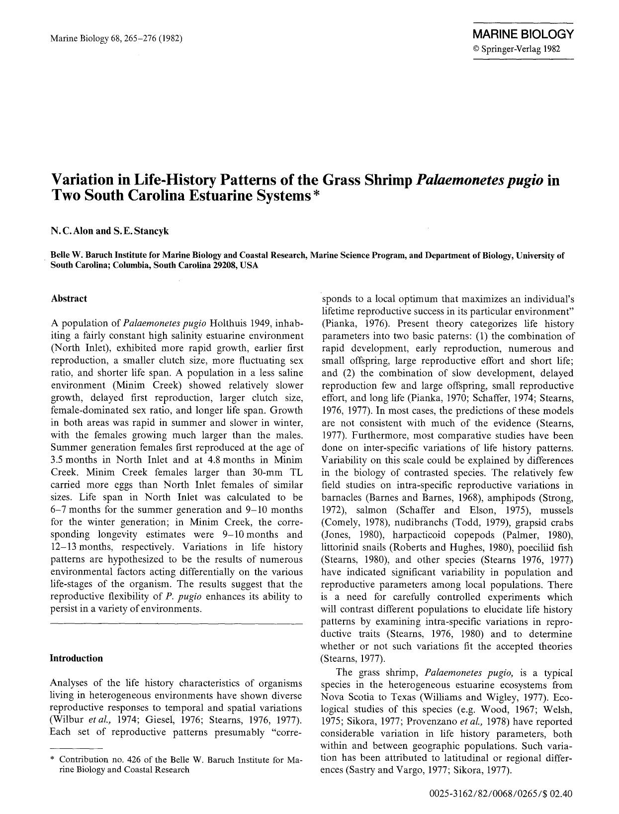Variation in life-history patterns of the grass shrimp <Emphasis Type="Italic">Palaemonetes pugio<Emphasis> in two South Carolina estuarine systems by Unknown