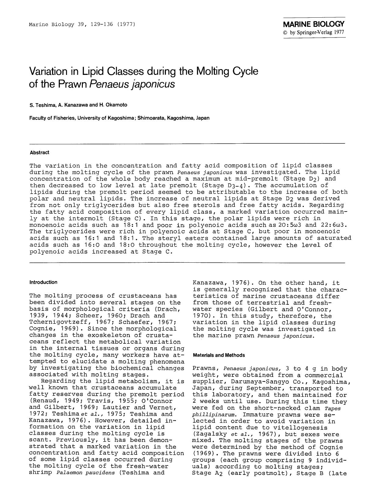 Variation in lipid classes during the molting cycle of the prawn <Emphasis Type="Italic">Penaeus japonicus<Emphasis> by Unknown