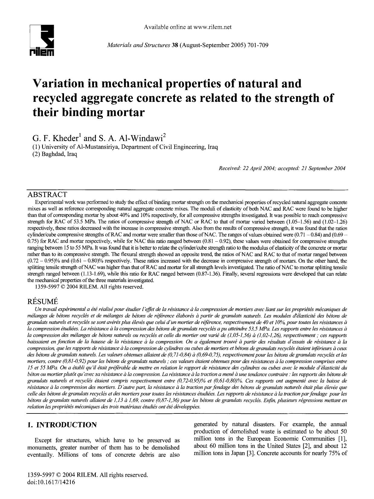 Variation in mechanical properties of natural and recycled aggregate concrete as related to the strength of their binding mortar by Unknown
