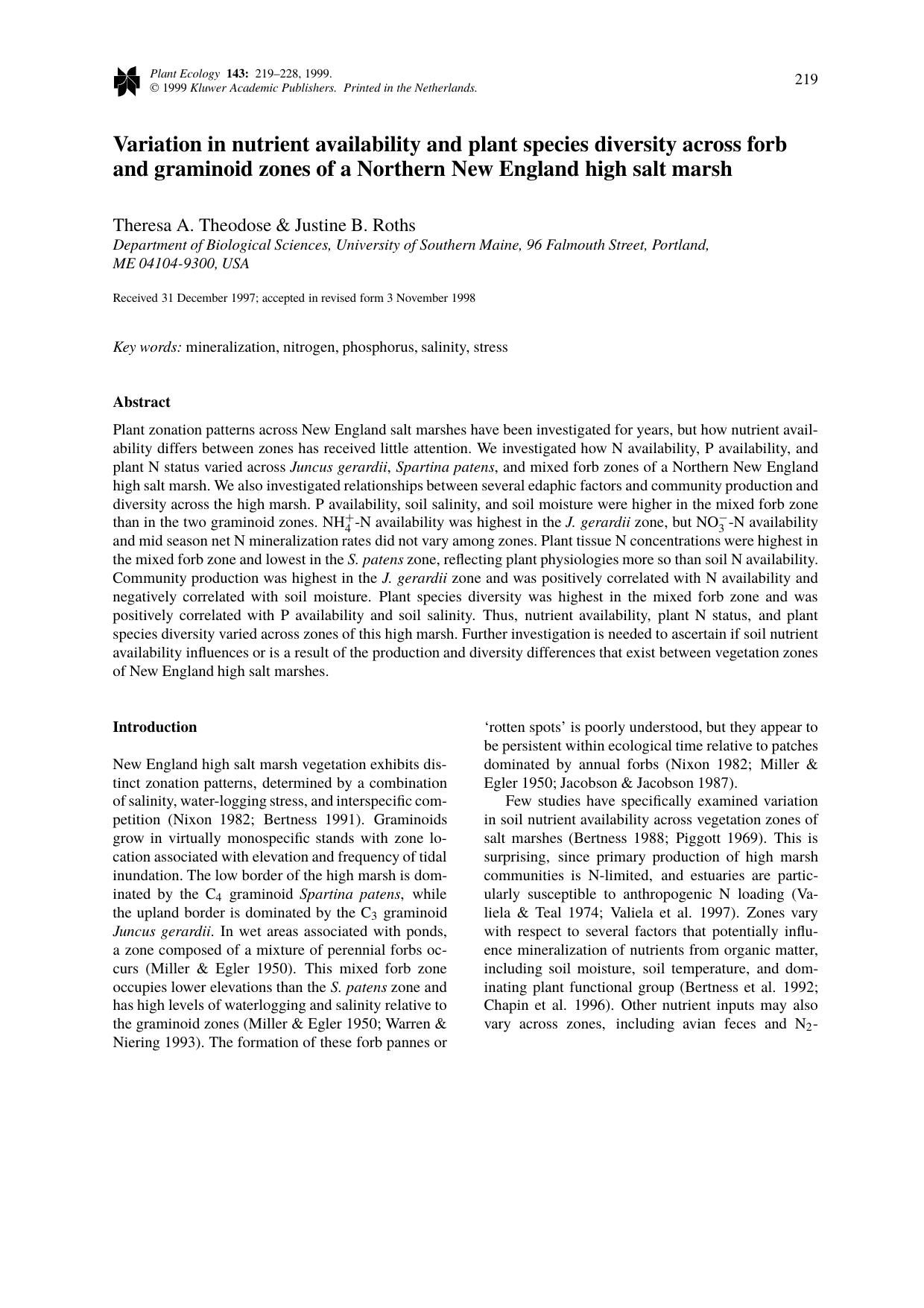 Variation in nutrient availability and plant species diversity across forb and graminoid zones of a Northern New England high salt marsh by Unknown
