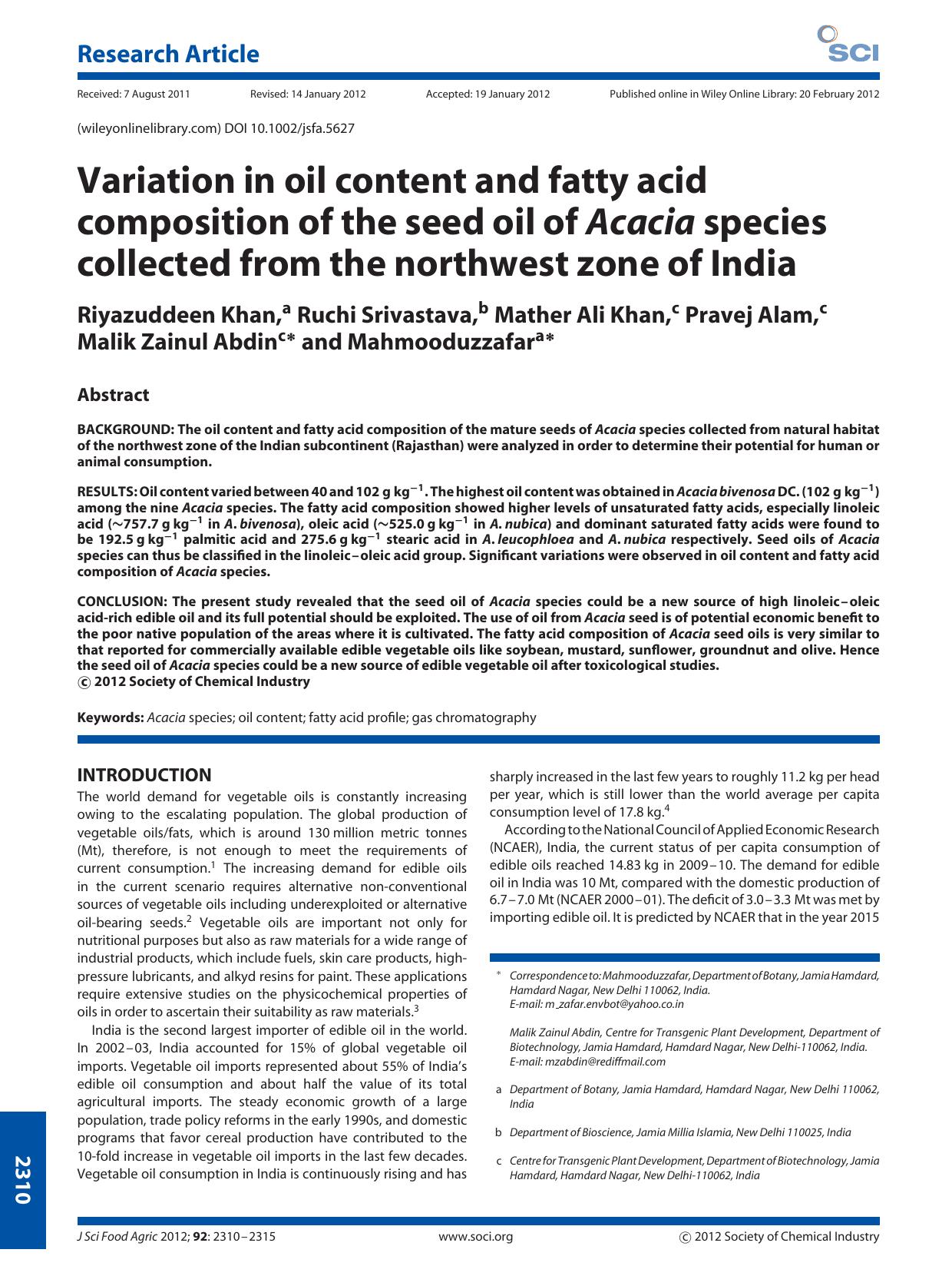 Variation in oil content and fatty acid composition of the seed oil of Acacia species collected from the northwest zone of India by Unknown