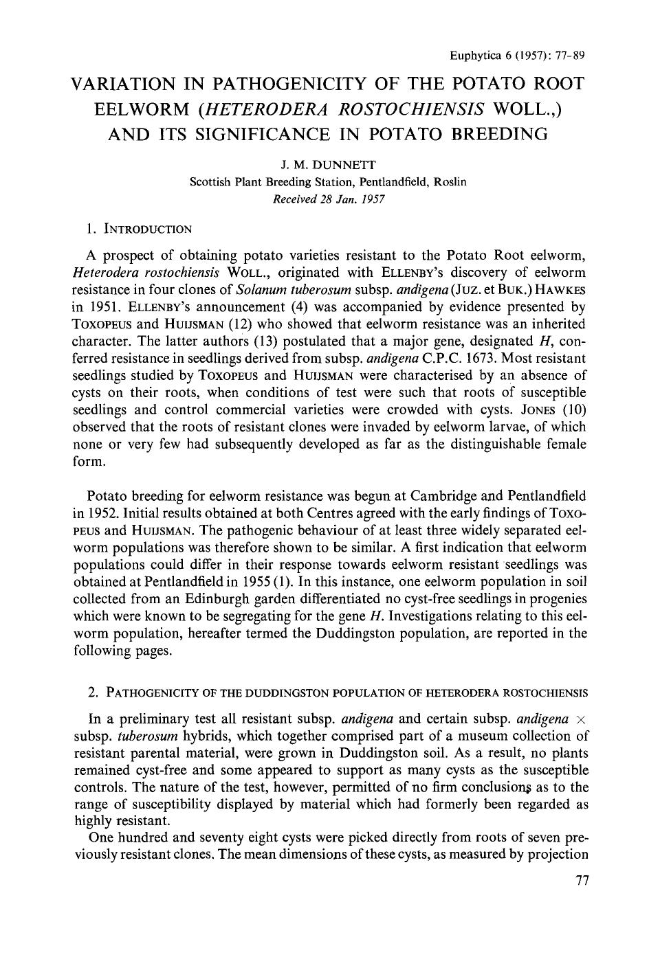 Variation in pathogenicity of the potato root eelworm (<Emphasis Type="Italic">Heterodera rostochiensis<Emphasis> woll.,) and its significance in potato breeding by Unknown
