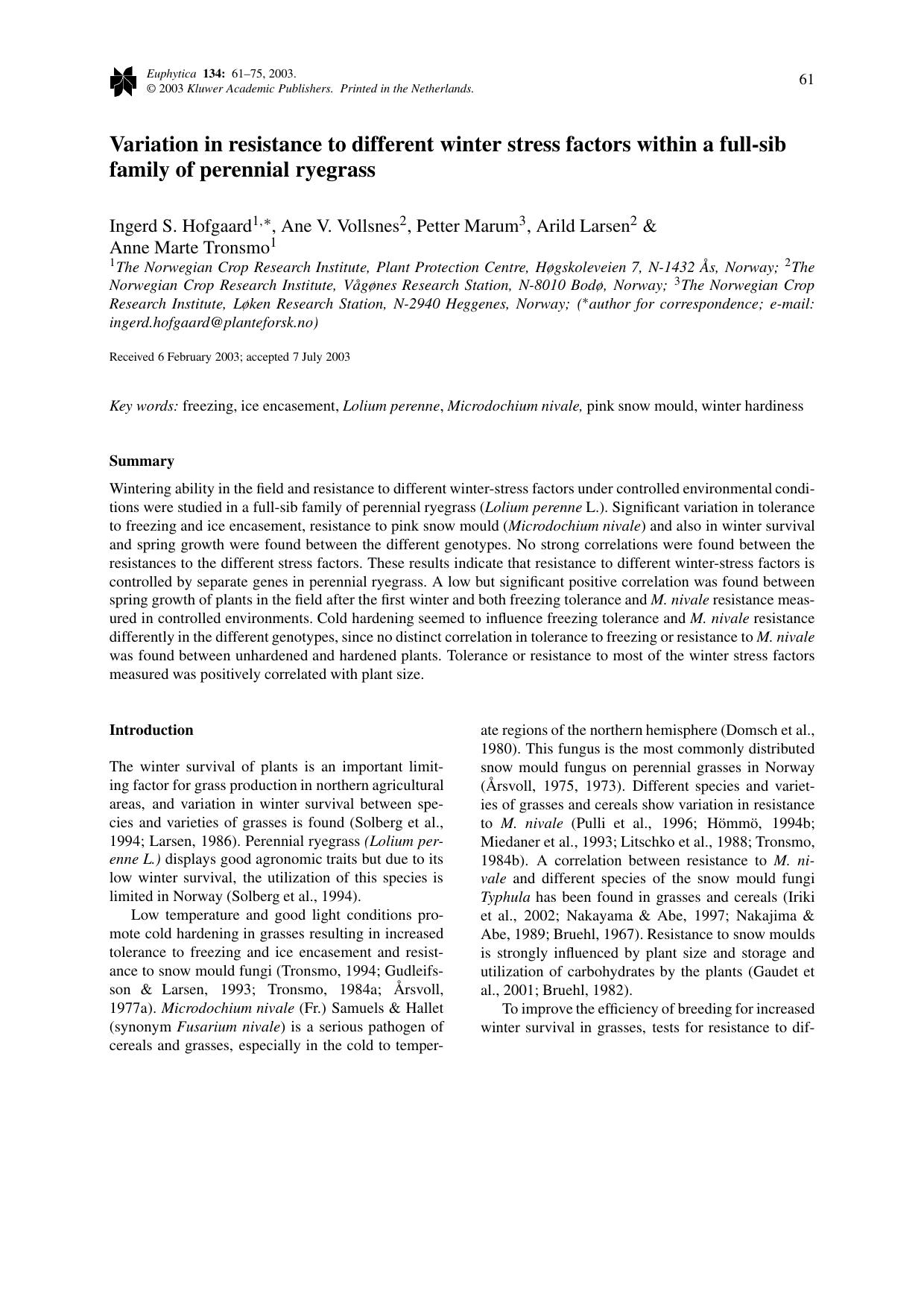 Variation in resistance to different winter stress factors within a full-sib family of perennial ryegrass by Unknown