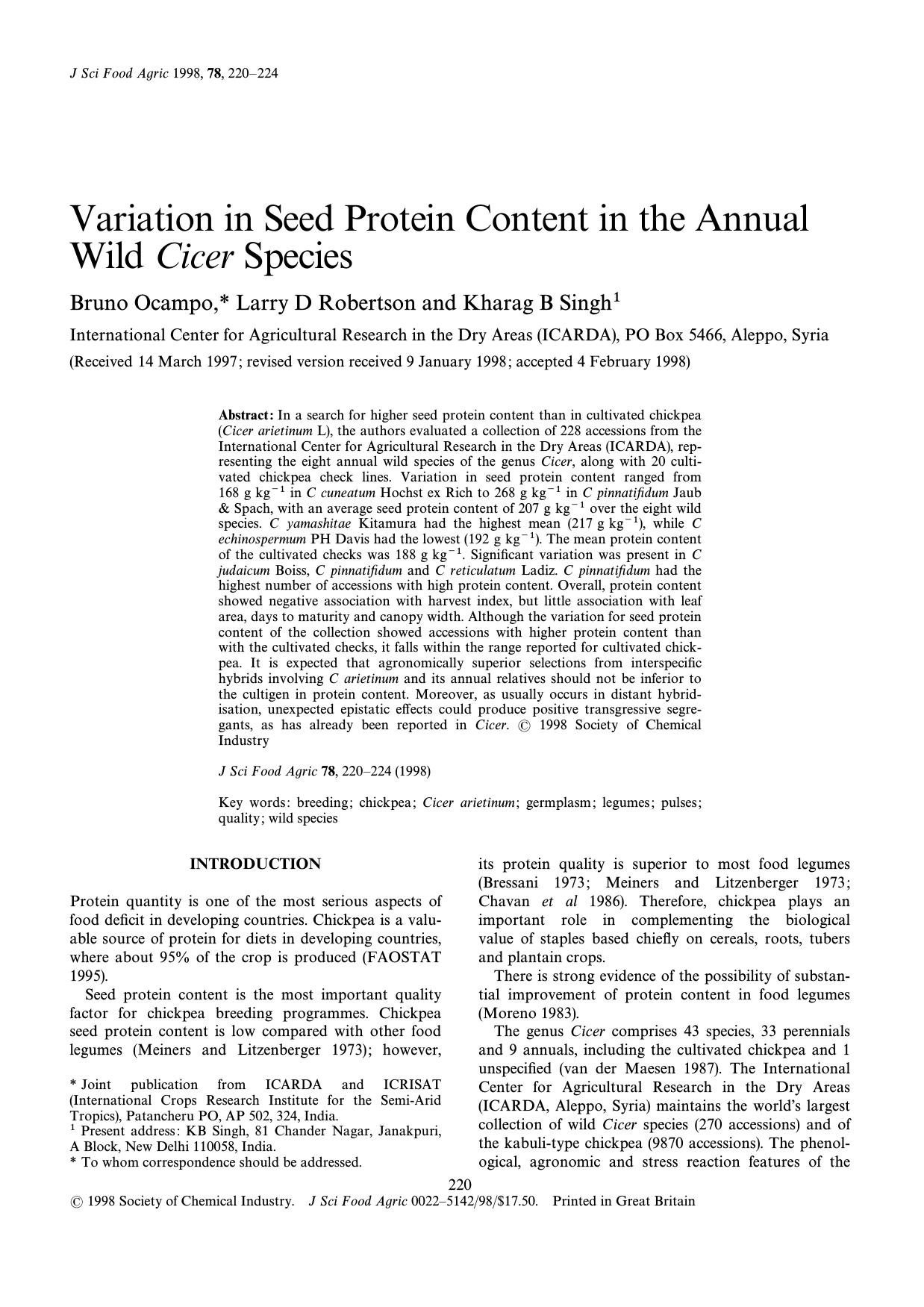 Variation in seed protein content in the annual wild Cicer species by Ocampo Robertson Singh