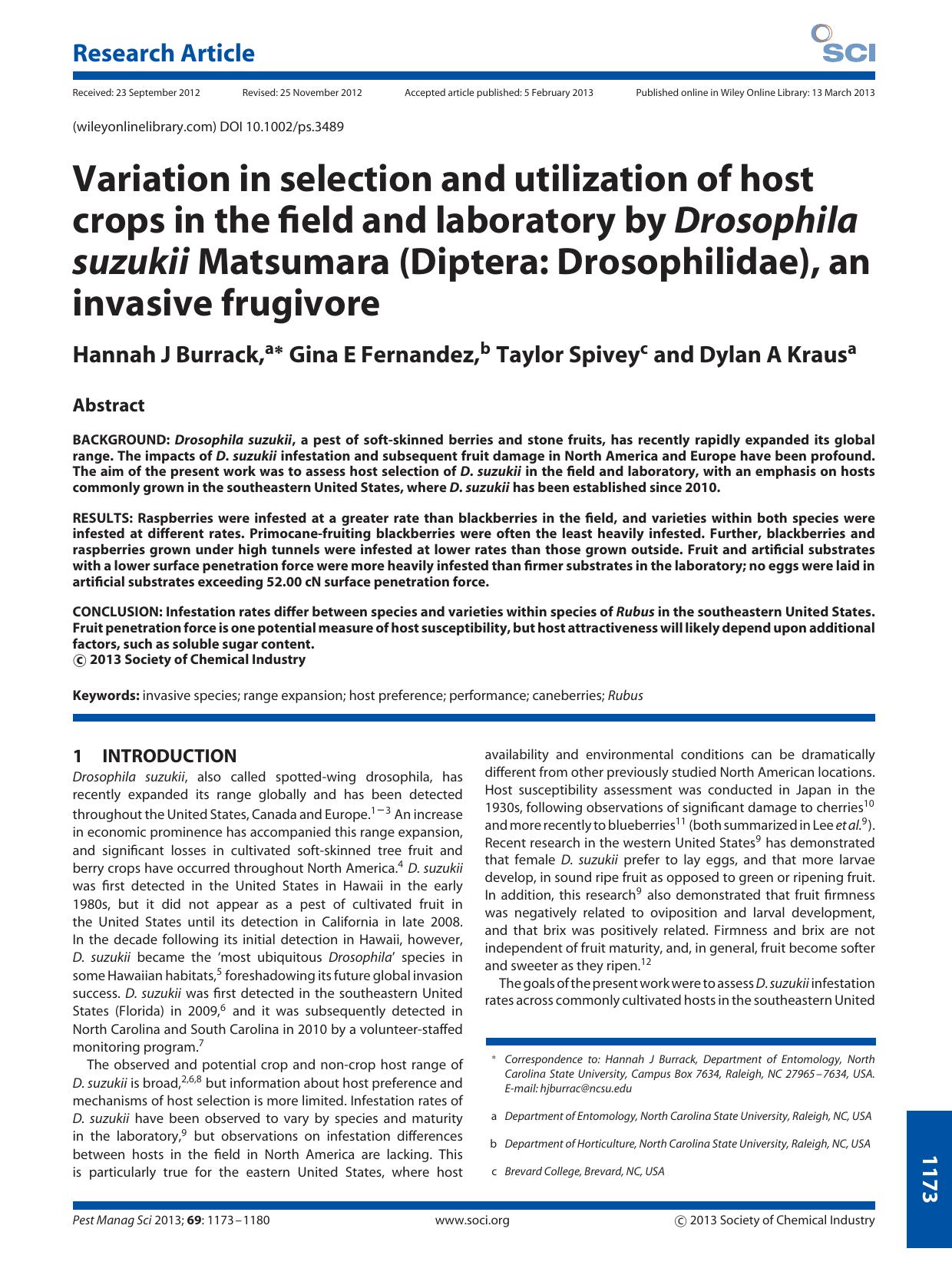 Variation in selection and utilization of host crops in the field and laboratory by Drosophila suzukii Matsumara (Diptera: Drosophilidae), an invasive frugivore by Unknown