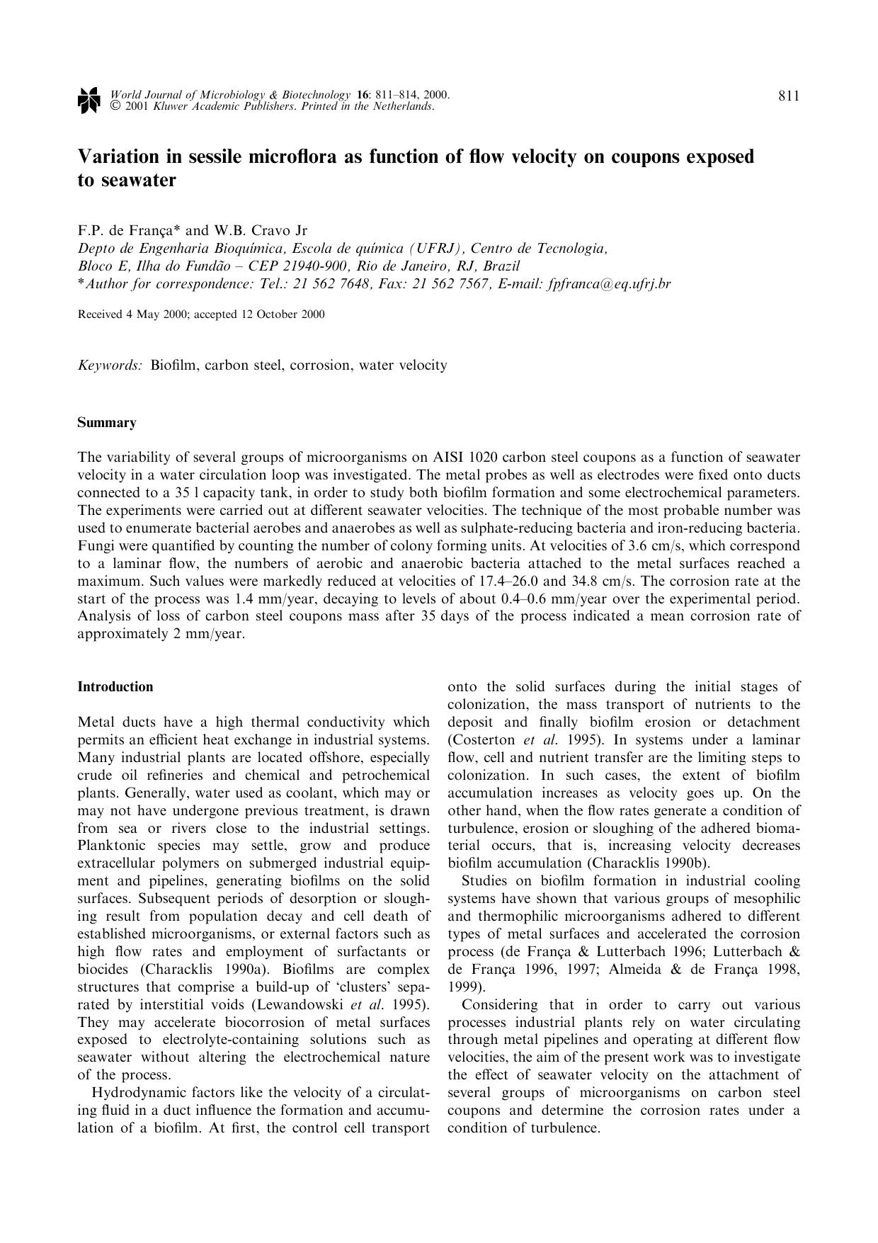 Variation in sessile microflora as function of flow velocity on coupons exposed to seawater by Unknown