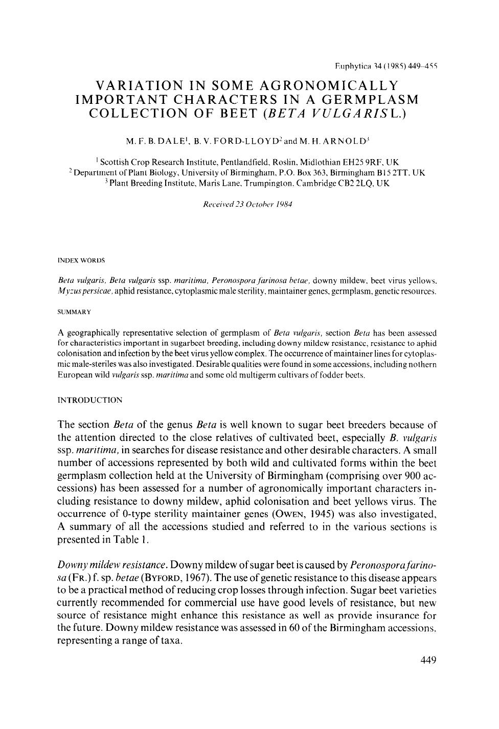 Variation in some agronomically important characters in a germplasm collection of beet ( <Emphasis Type="Italic">Beta vulgaris <Emphasis> L.) by Unknown
