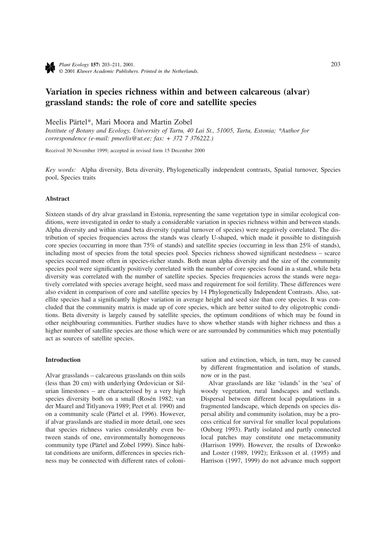 Variation in species richness within and between calcareous (alvar) grassland stands: the role of core and satellite species by Unknown