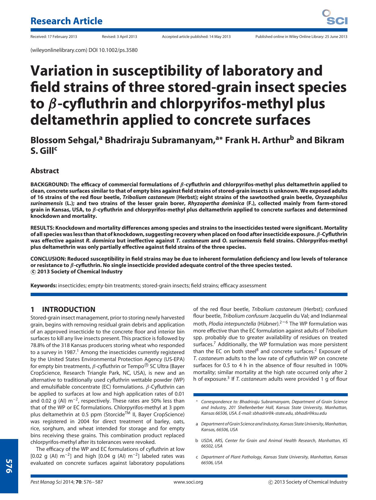 Variation in susceptibility of laboratory and field strains of three storedgrain insect species to cyfluthrin and chlorpyrifosmethyl plus deltamethrin applied to concrete surfaces by Unknown