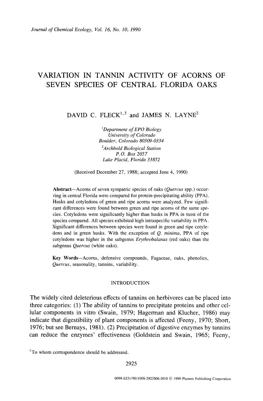 Variation in tannin activity of acorns of seven species of central florida oaks by Unknown