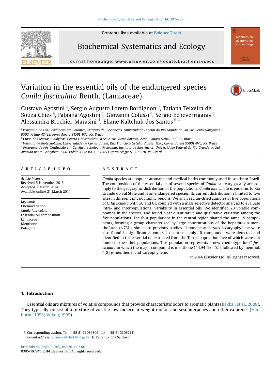Variation in the essential oils of the endangered species Cunila fasciculata Benth. (Lamiaceae) by unknow