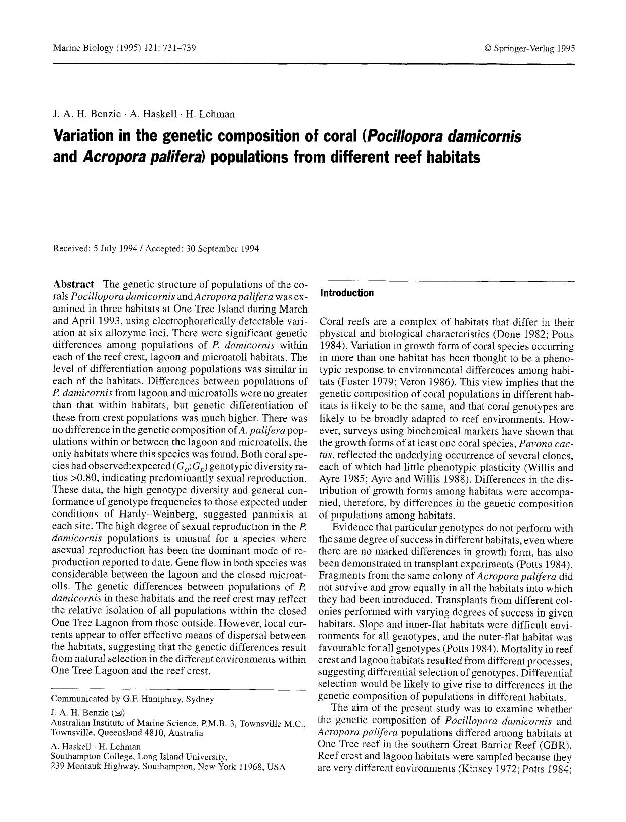 Variation in the genetic composition of coral (<Emphasis Type="Italic">Pocillopora damicornis<Emphasis> and <Emphasis Type="Italic">Acropora palifera<Emphasis>) populations from di by Unknown