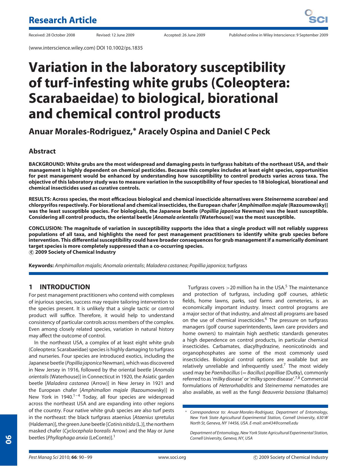 Variation in the laboratory susceptibility of turf-infesting white grubs (Coleoptera: Scarabaeidae) to biological, biorational and chemical control products by Unknown