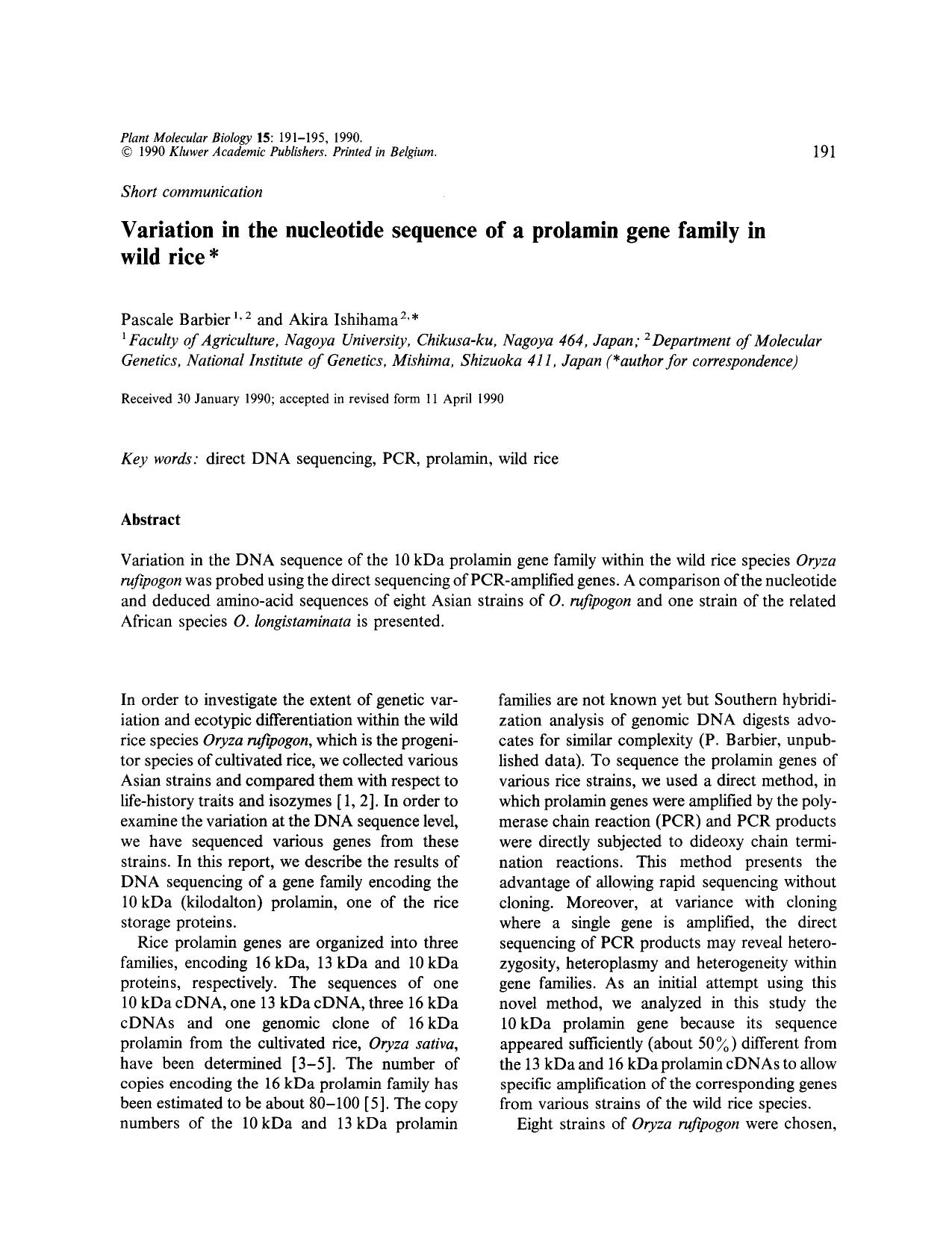 Variation in the nucleotide sequence of a prolamin gene family in wild rice by Unknown