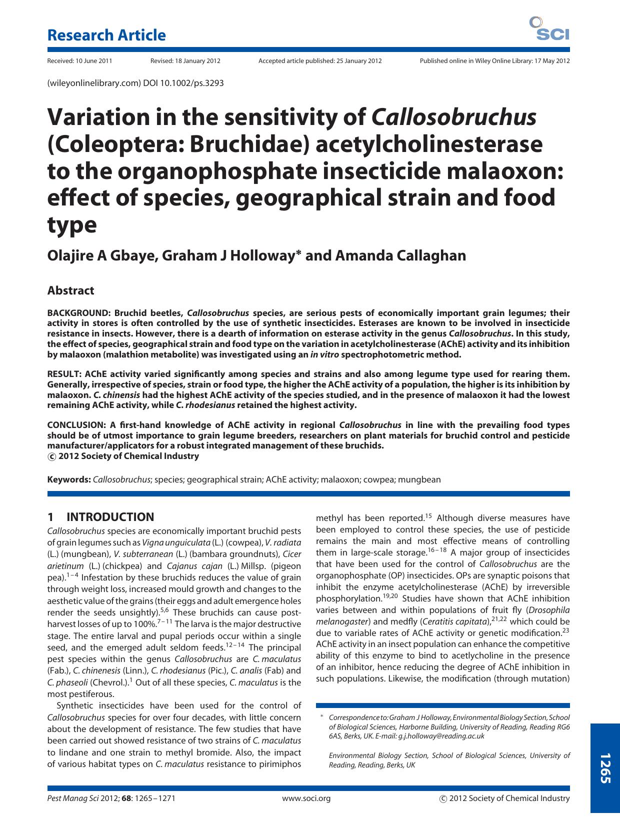 Variation in the sensitivity of Callosobruchus (Coleoptera: Bruchidae) acetylcholinesterase to the organophosphate insecticide malaoxon: effect of species, geographical strain and food type by Unknown