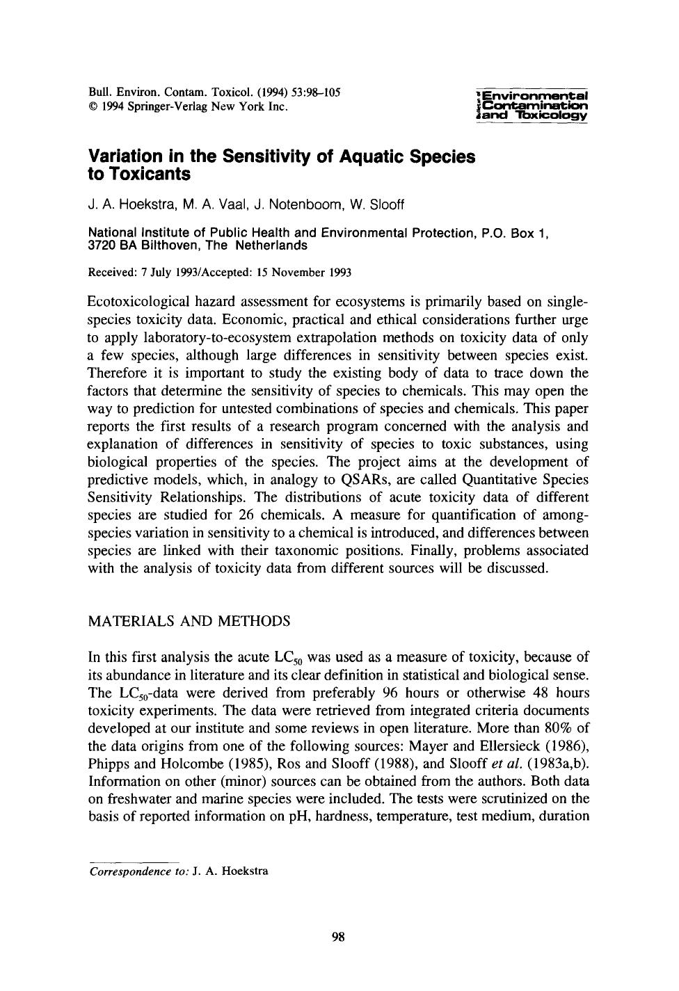 Variation in the sensitivity of aquatic species to toxicants by Unknown