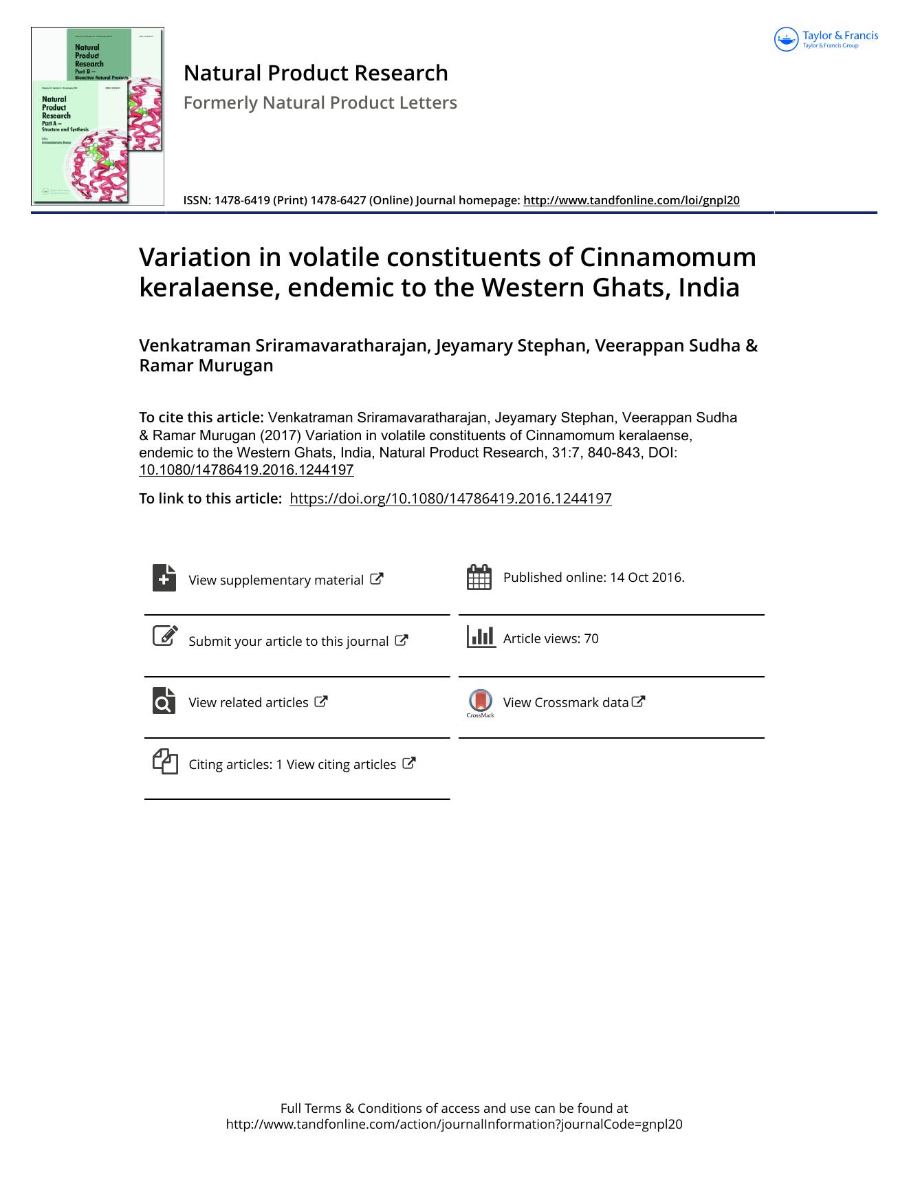Variation in volatile constituents of Cinnamomum keralaense, endemic to the Western Ghats, India by Venkatraman Sriramavaratharajan & Jeyamary Stephan & Veerappan Sudha & Ramar Murugan