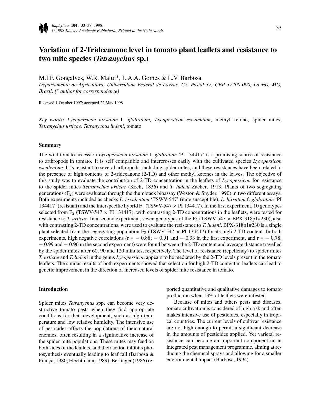 Variation of 2-Tridecanone level in tomato plant leaflets and resistance to two mite species (Tetranychus sp.) by Unknown