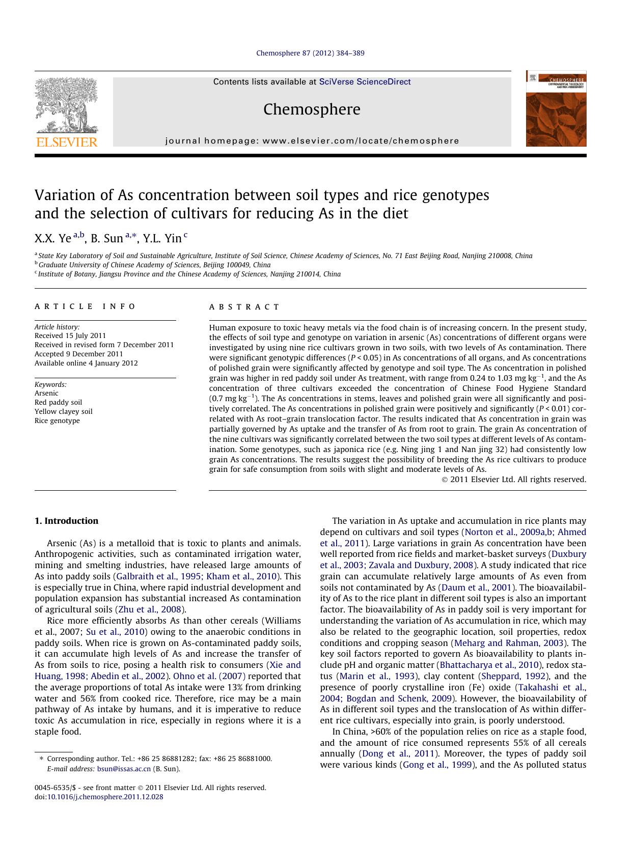Variation of As concentration between soil types and rice genotypes and the selection of cultivars for reducing As in the diet by X.X. Ye & B. Sun & Y.L. Yin