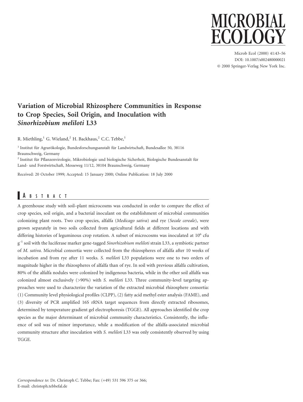 Variation of Microbial Rhizosphere Communities in Response to Crop Species, Soil Origin, and Inoculation with Sinorhizobium meliloti L33 by Miethling R. et al