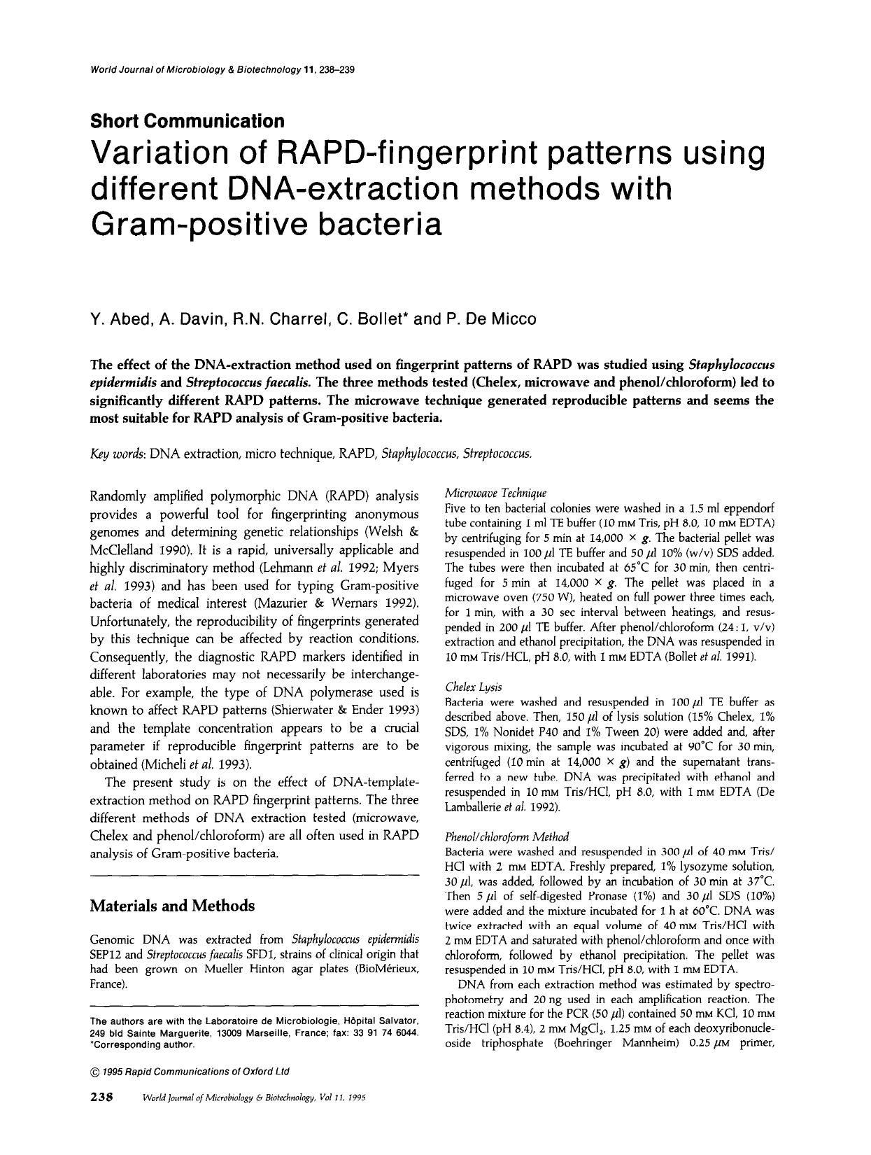 Variation of RAPD-fingerprint patterns using different DNA-extraction methods with Gram-positive bacteria by Unknown