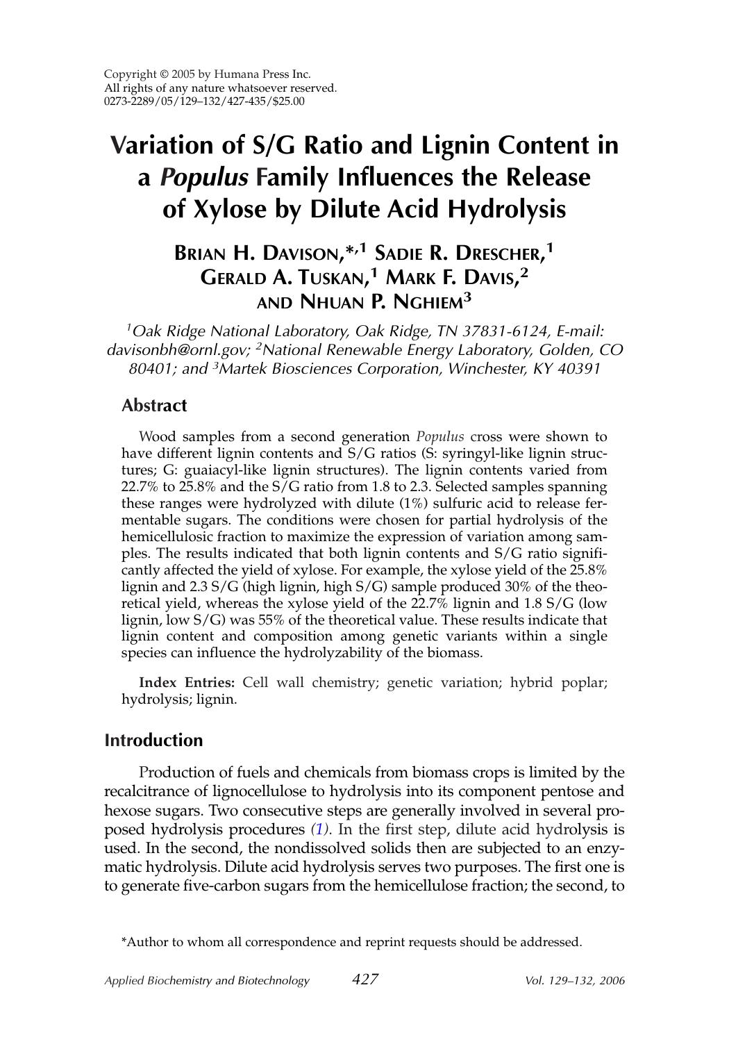 Variation of SG ratio and lignin content in a <Emphasis Type="Italic">Populus<Emphasis> family influences the release of xylose by dilute acid hydrolysis by Unknown