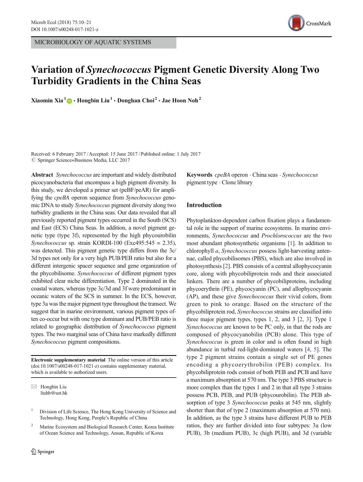 Variation of Synechococcus Pigment Genetic Diversity Along Two Turbidity Gradients in the China Seas by Xiaomin Xia & Hongbin Liu & Donghan Choi & Jae Hoon Noh
