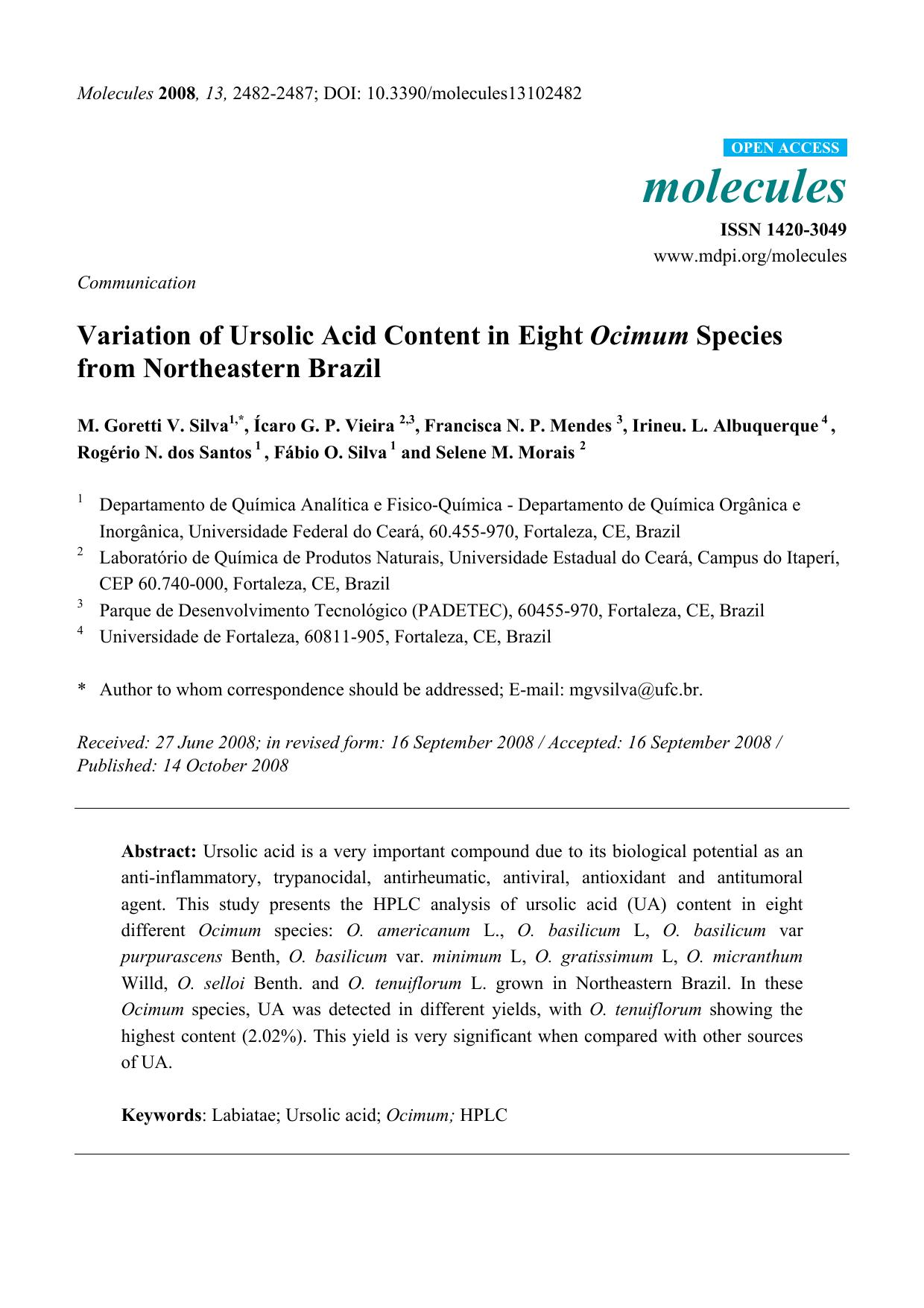 Variation of Ursolic Acid Content in Eight Ocimum Species from Northeastern Brazil by unknow