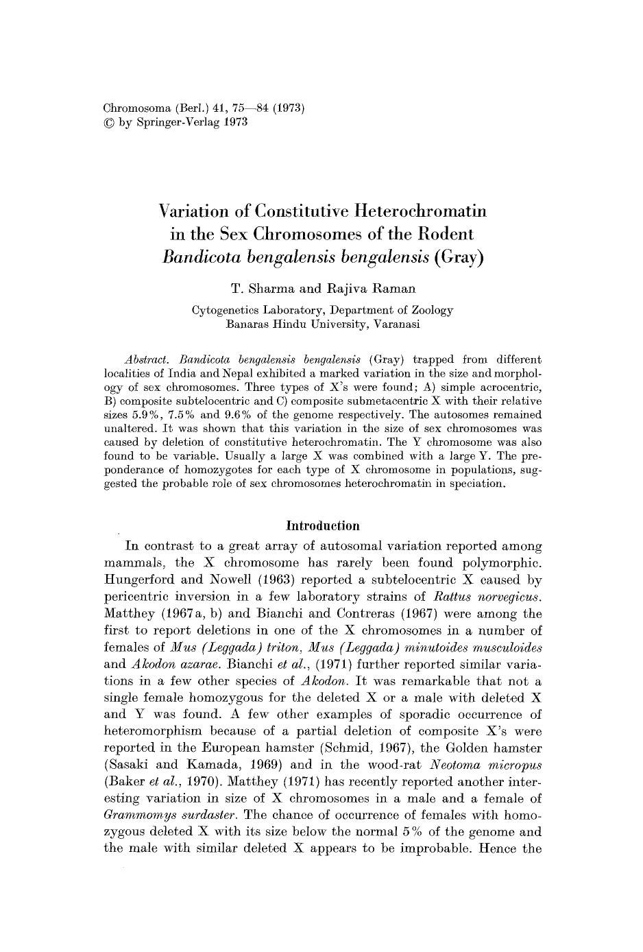 Variation of constitutive heterochromatin in the sex chromosomes of the rodent <Emphasis Type="Italic">Bandicota bengalensis bengalensis<Emphasis> (Gray) by Unknown
