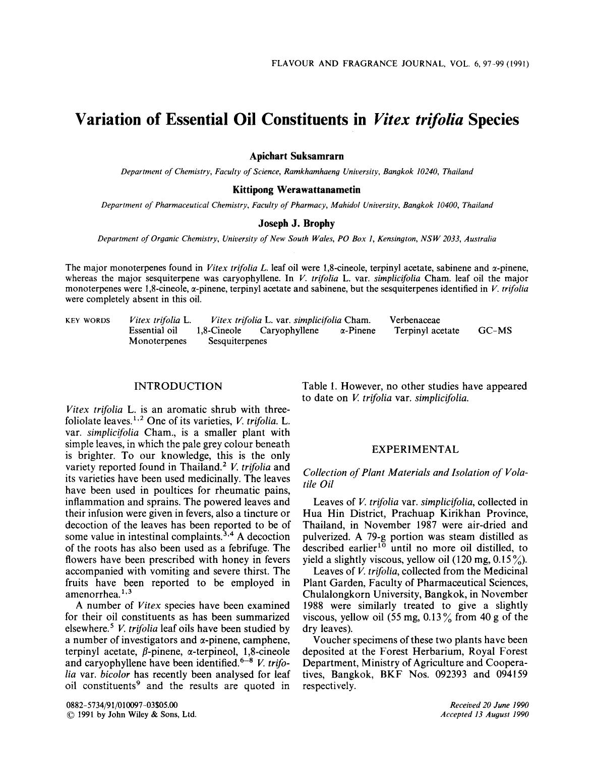 Variation of essential oil constituents in Vitex trifolia species by Unknown