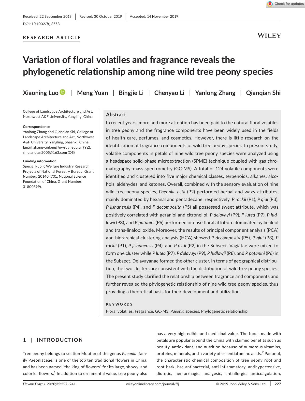 Variation of floral volatiles and fragrance reveals the phylogenetic relationship among nine wild tree peony species by Unknown