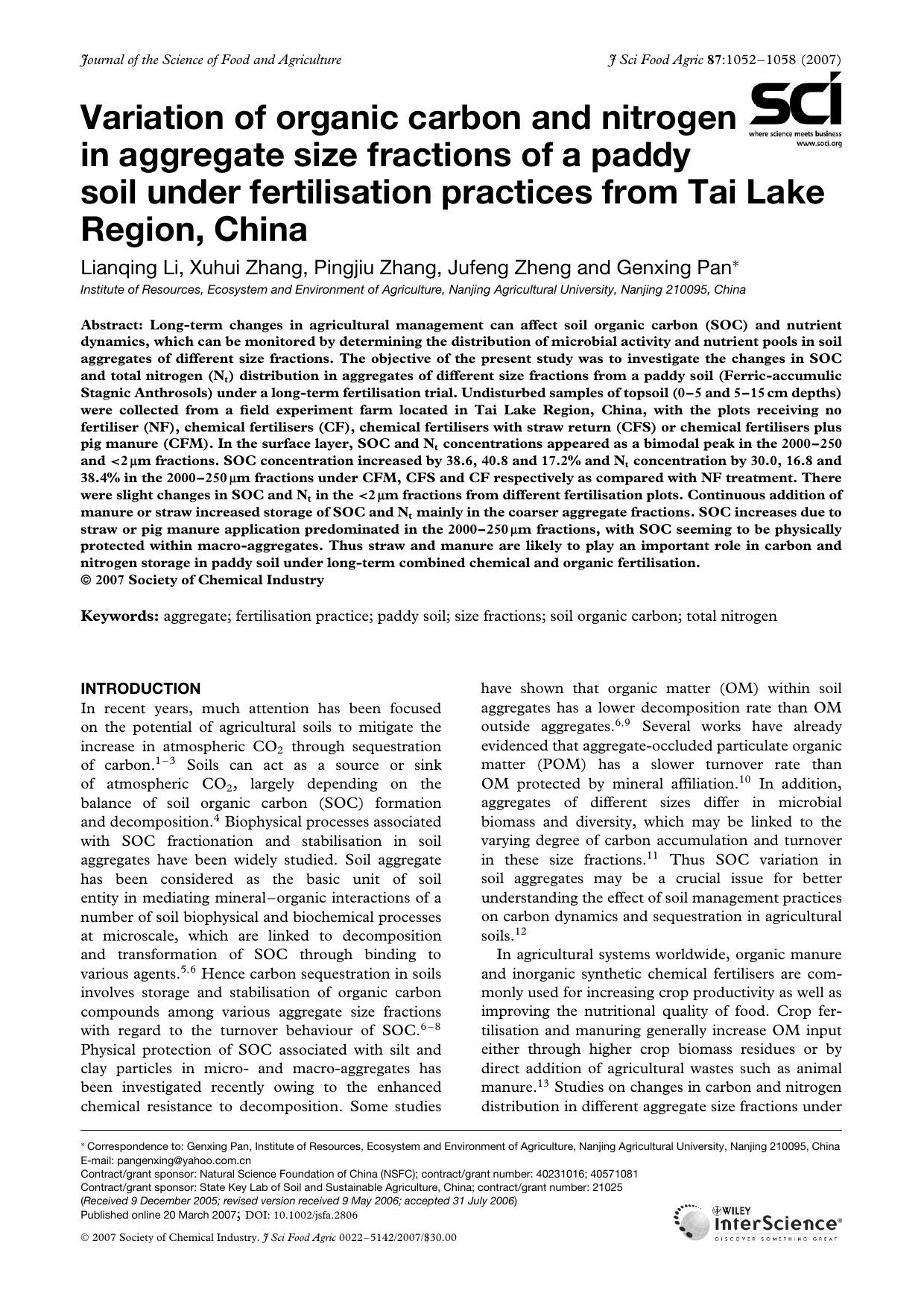 Variation of organic carbon and nitrogen in aggregate size fractions of a paddy soil under fertilisation practices from Tai Lake Region, China by Unknown