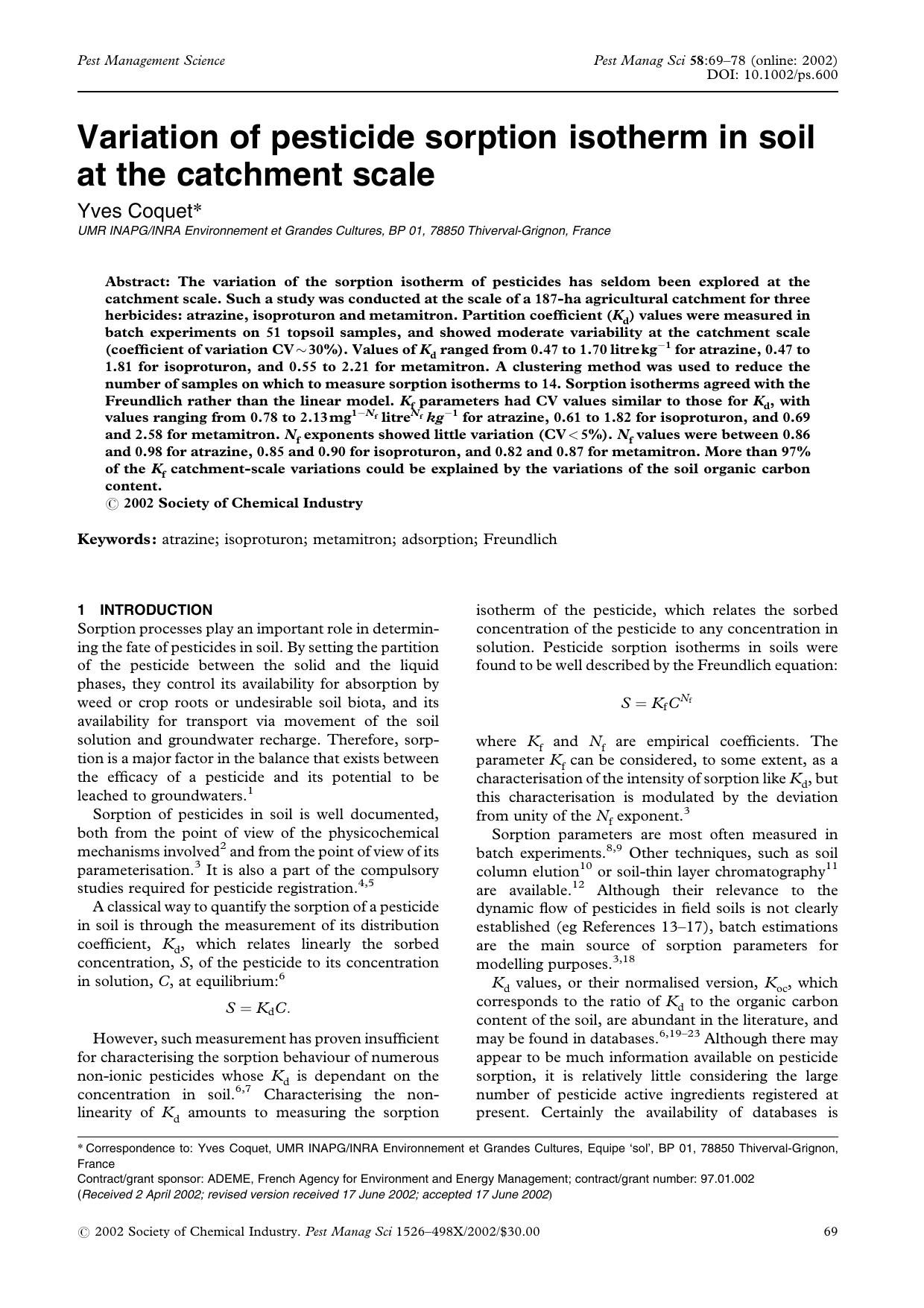 Variation of pesticide sorption isotherm in soil at the catchment scale by Unknown