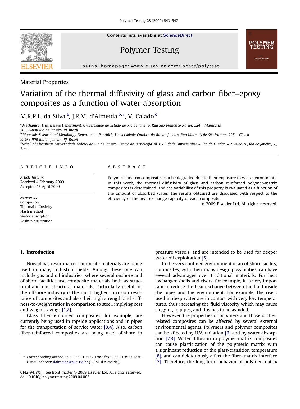 Variation of the thermal diffusivity of glass and carbon fiber-epoxy composites as a function of water absorption by M.R.R.L. da Silva; J.R.M. d•Almeida; V. Calado