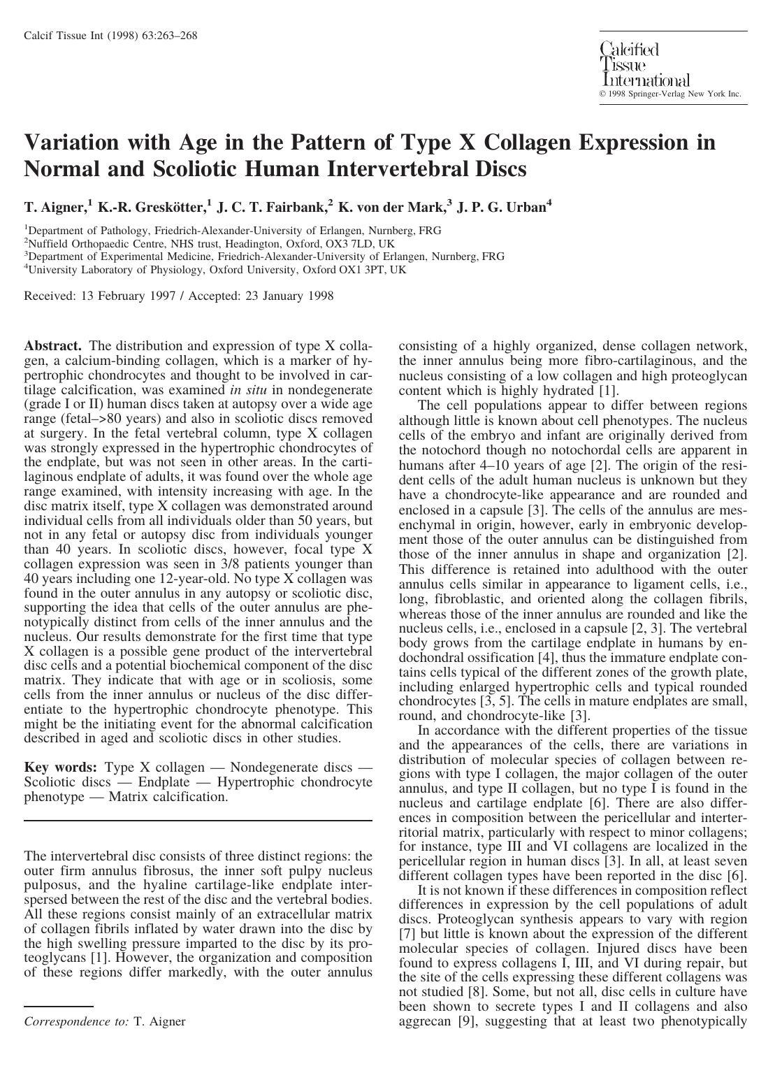 Variation with Age in the Pattern of Type X Collagen Expression in Normal and Scoliatic Human Intervertebral Discs by Aigner T. et al