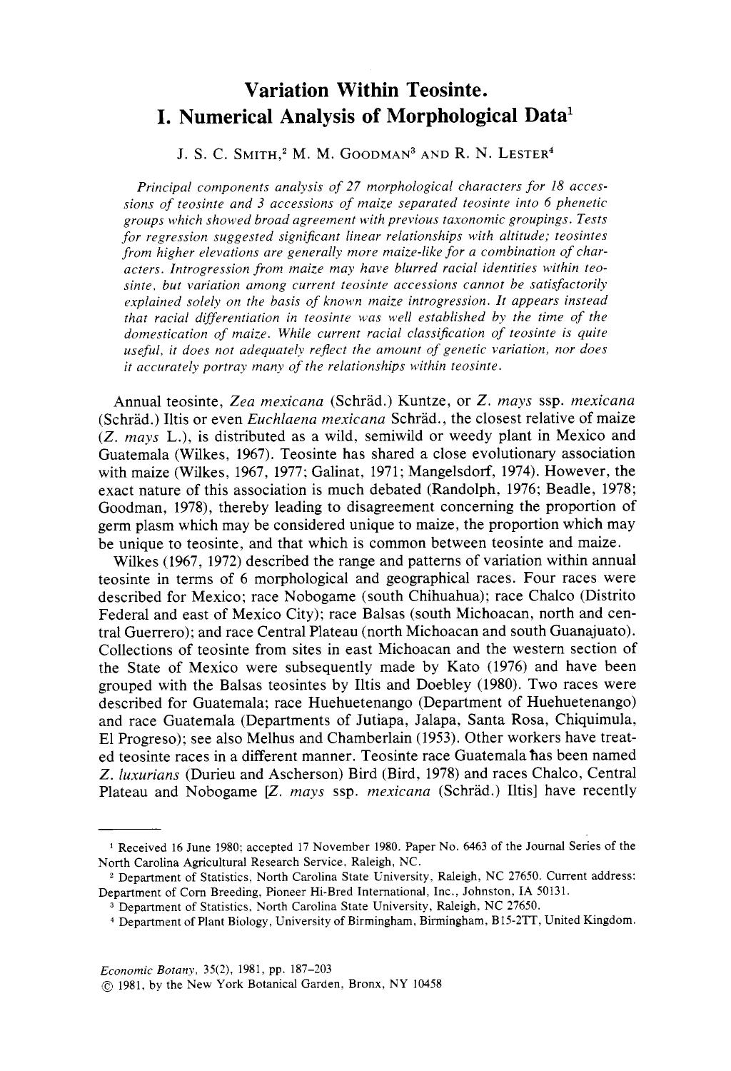 Variation within teosinte. I. Numerical analysis of morphological data by Unknown