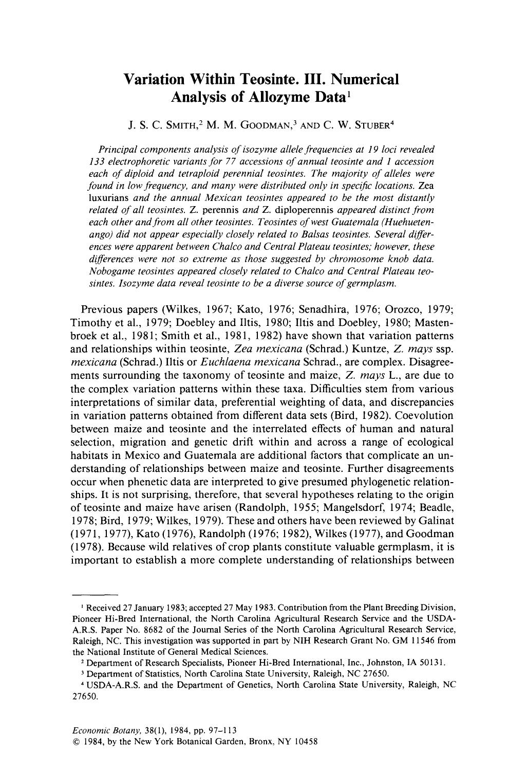 Variation within teosinte. III. numerical analysis of allozyme data by Unknown