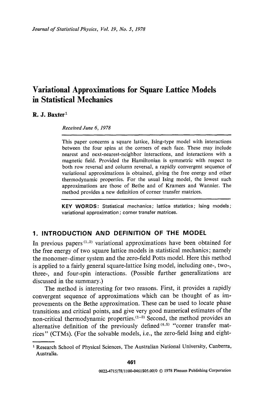 Variational approximations for square lattice models in statistical mechanics by Unknown
