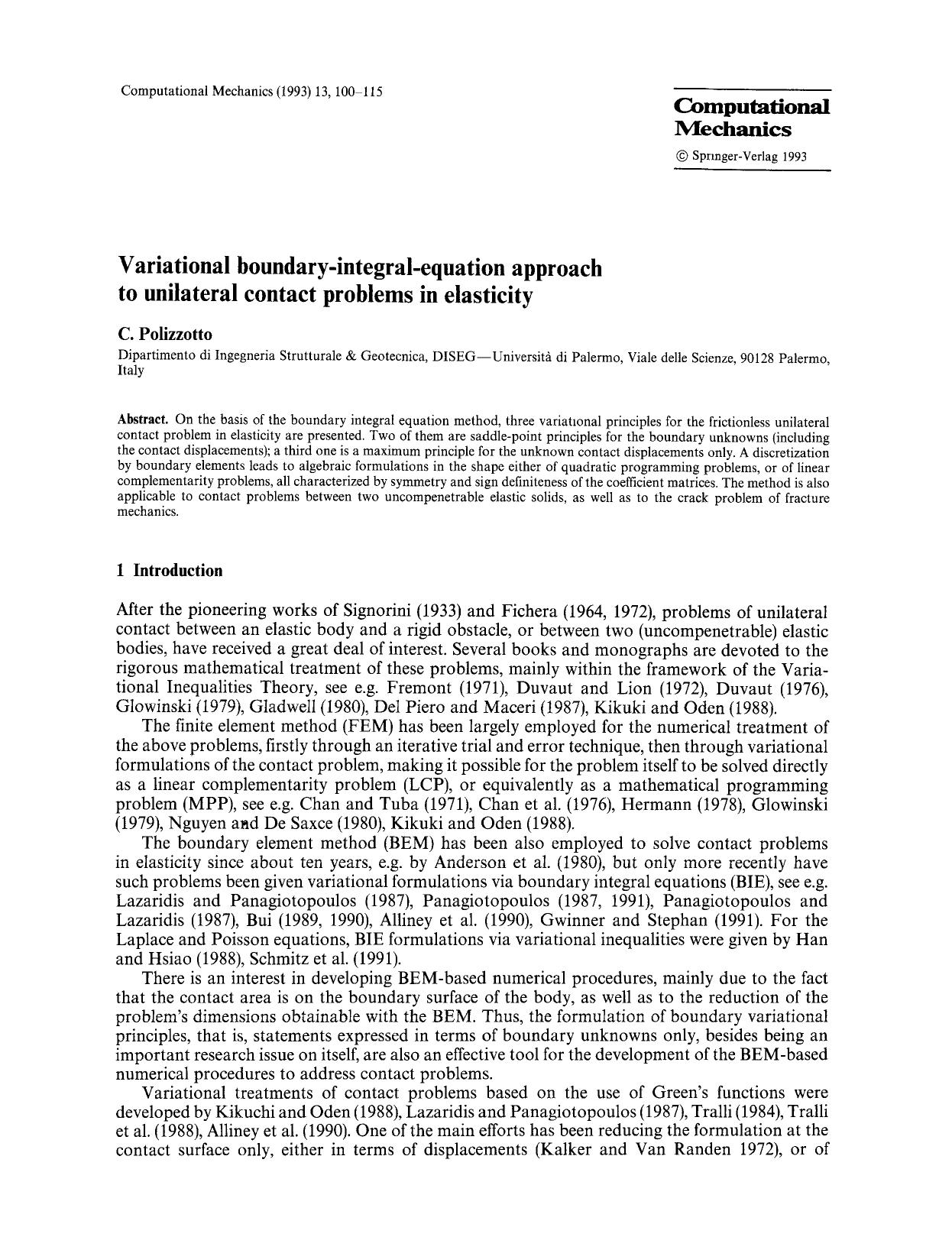 Variational boundary-integral-equation approach to unilateral contact problems in elasticity by Unknown