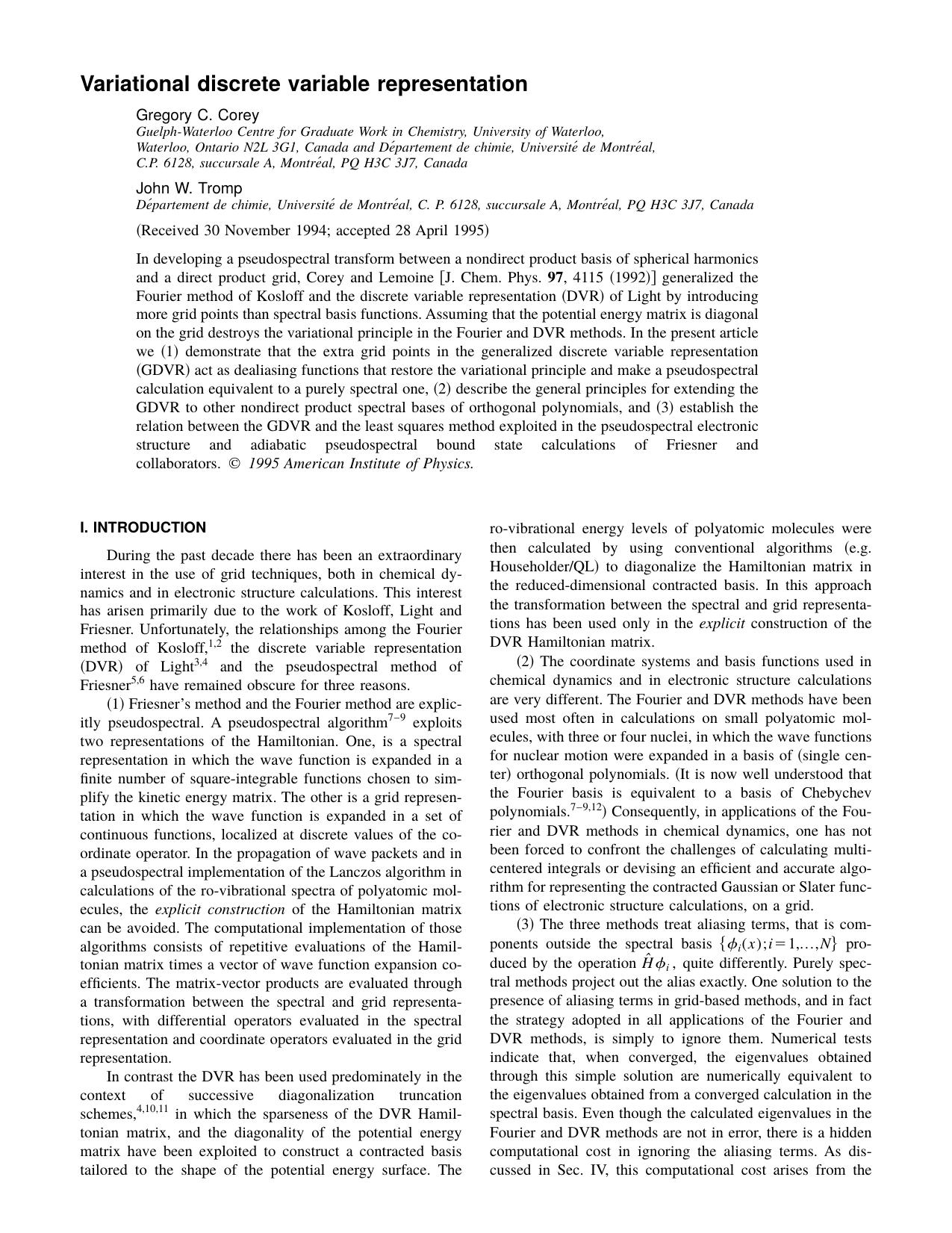 Variational discrete variable representation by Gregory C. Corey & John W. Tromp