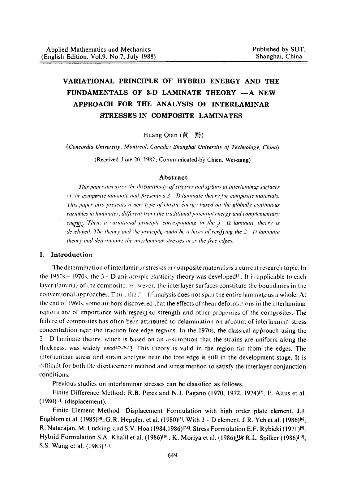Variational principle of hybrid energy and the fundamentals of 3-D laminate theory&#x2014;A new approach for the analysis of interlaminar stresses in composite laminates by Unknown
