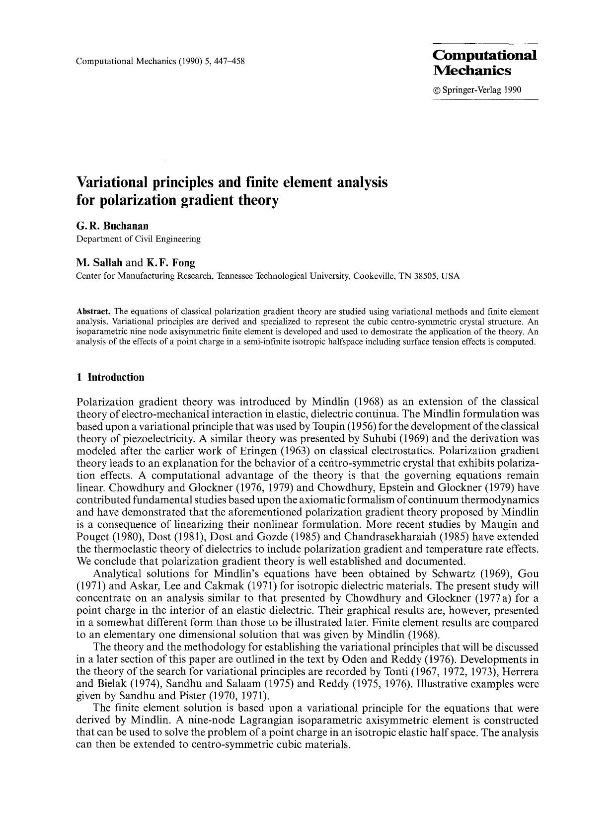 Variational principles and finite element analysis for polarization gradient theory by Unknown