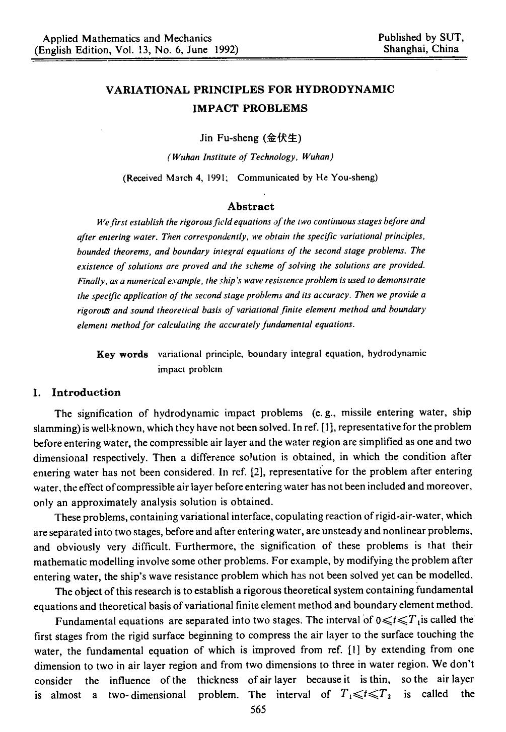 Variational principles for hydrodynamic impact problems by Unknown