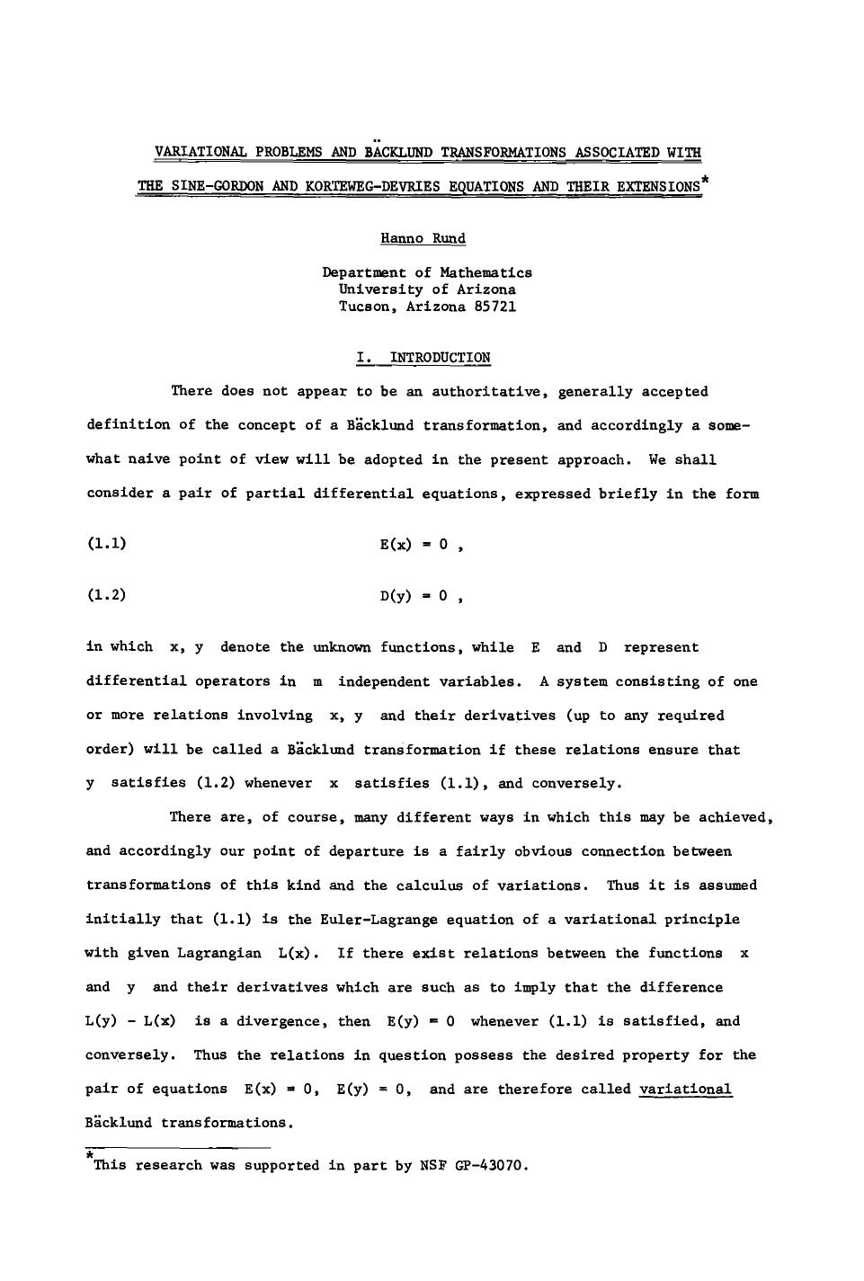Variational problems and Bäcklund transformations associated with the sine-gordon and Korteweg-deVries equations and their extensions by Unknown