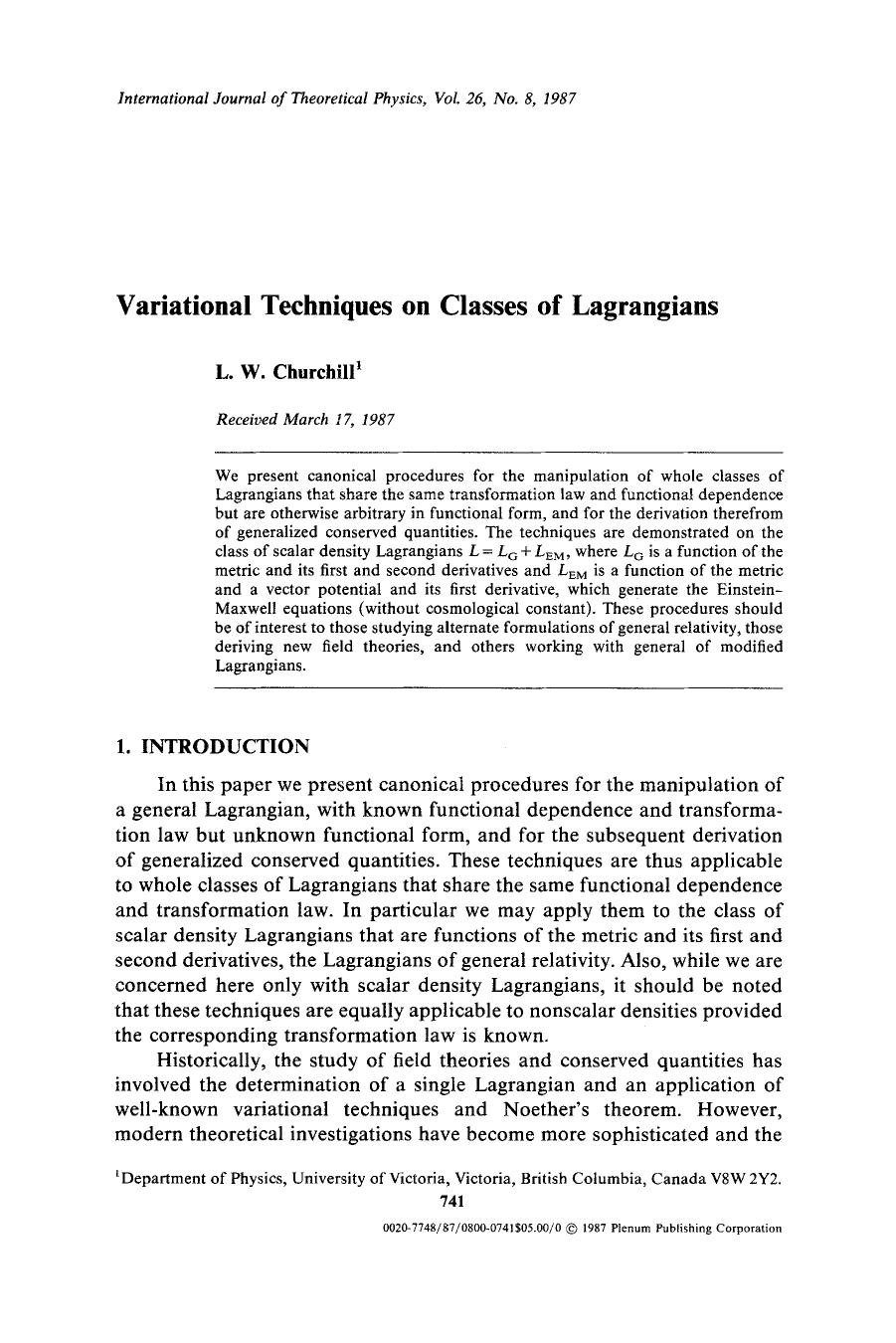 Variational techniques on classes of Lagrangians by Unknown