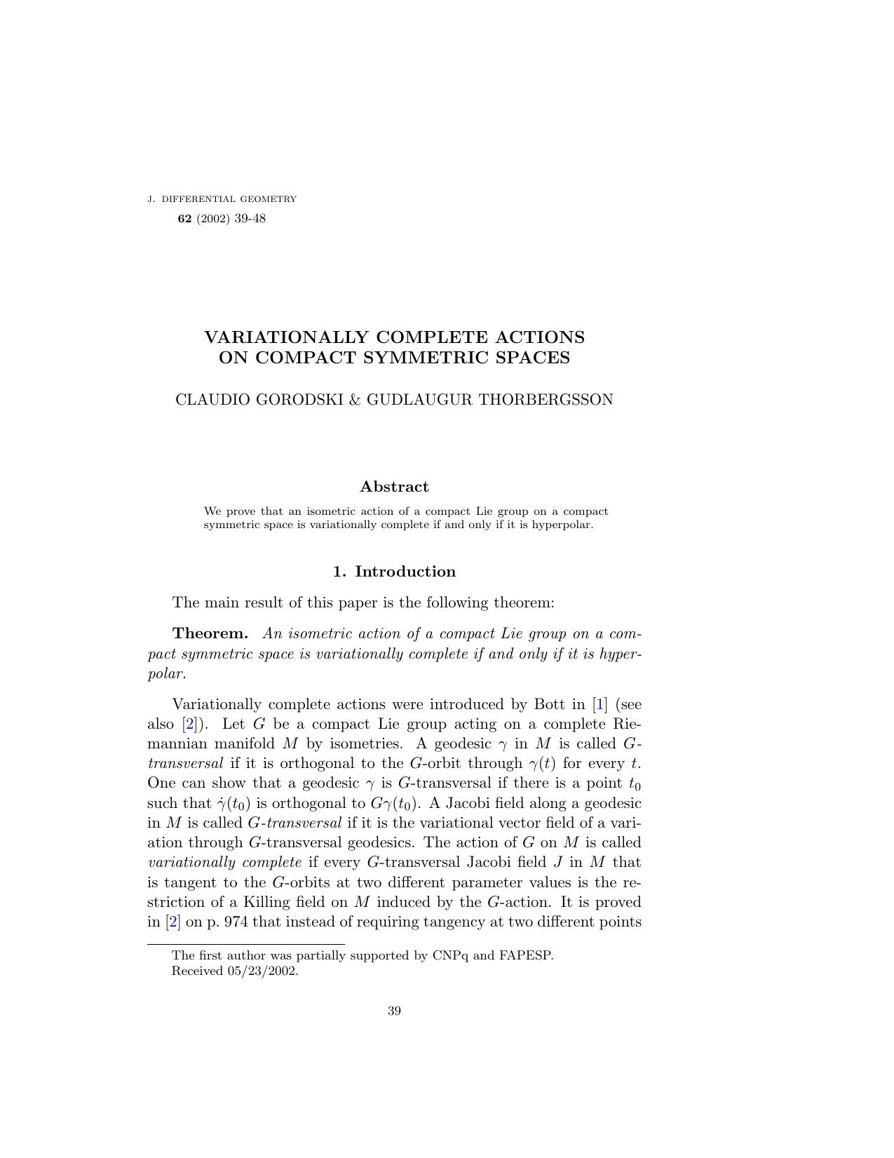 Variationally complete actions on compact symmetric spaces by Claudio Gorodski & Gudlaugur Thorbergsson