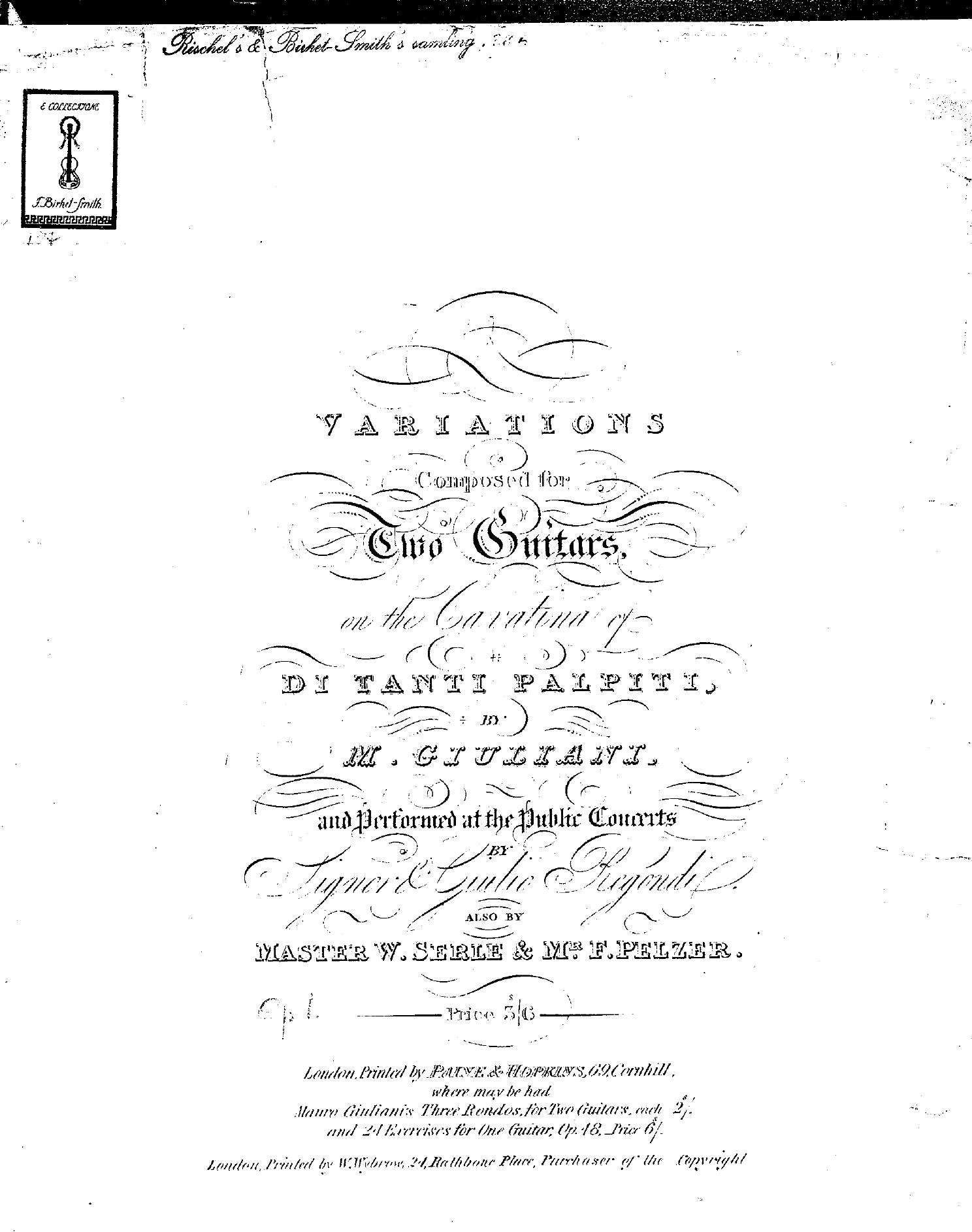 Variations composed for two guitars, on the cavatina of Di tanti palpiti by Unknown