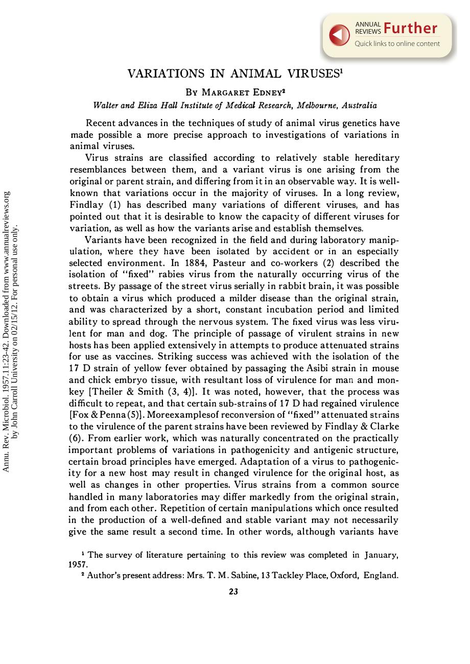 Variations in Animal Viruses by M Edney