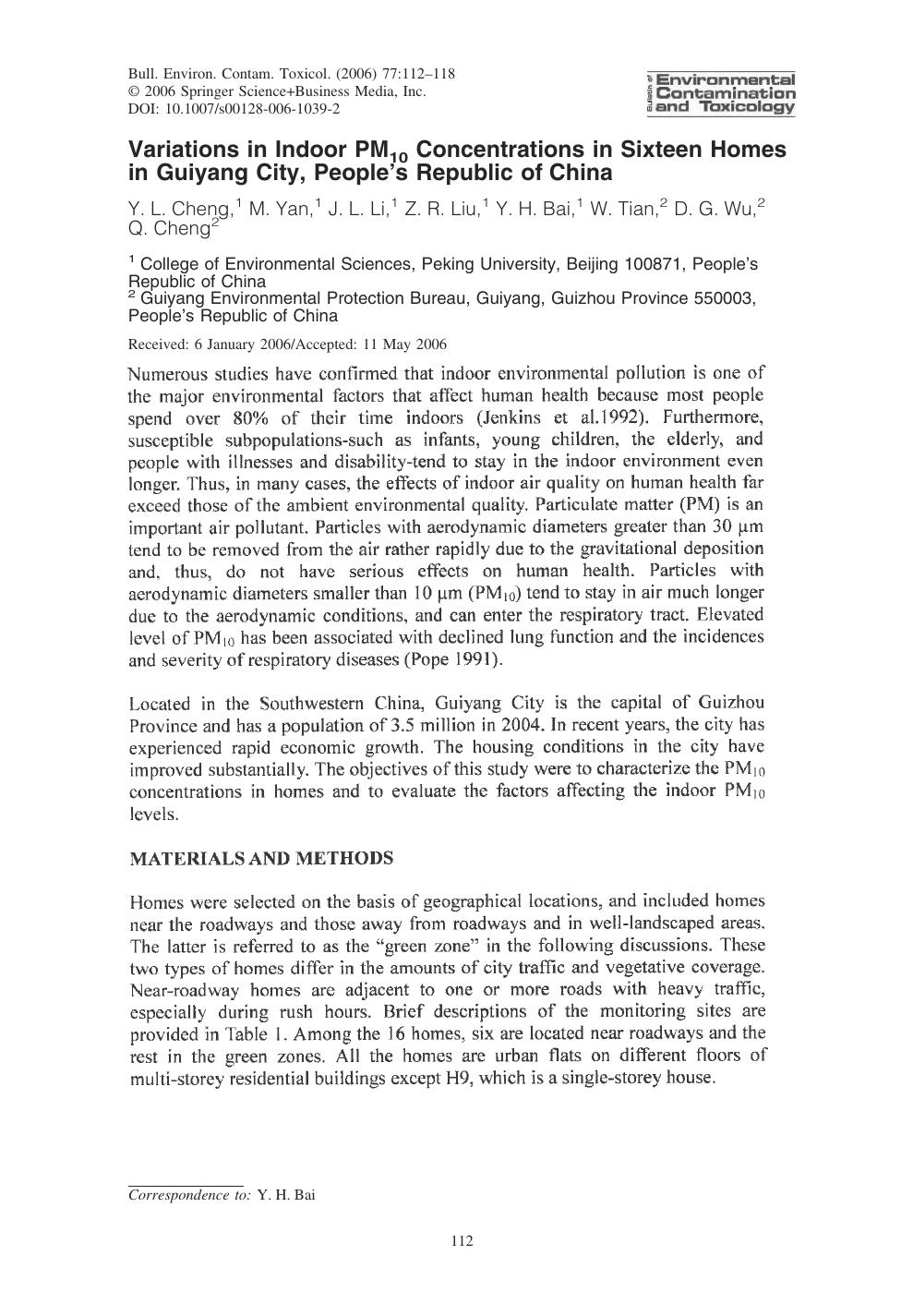 Variations in Indoor PM10 Concentrations in Sixteen Homes in Guiyang City, People&#x0027;s Republic of China by Cheng & Y. L. & et al