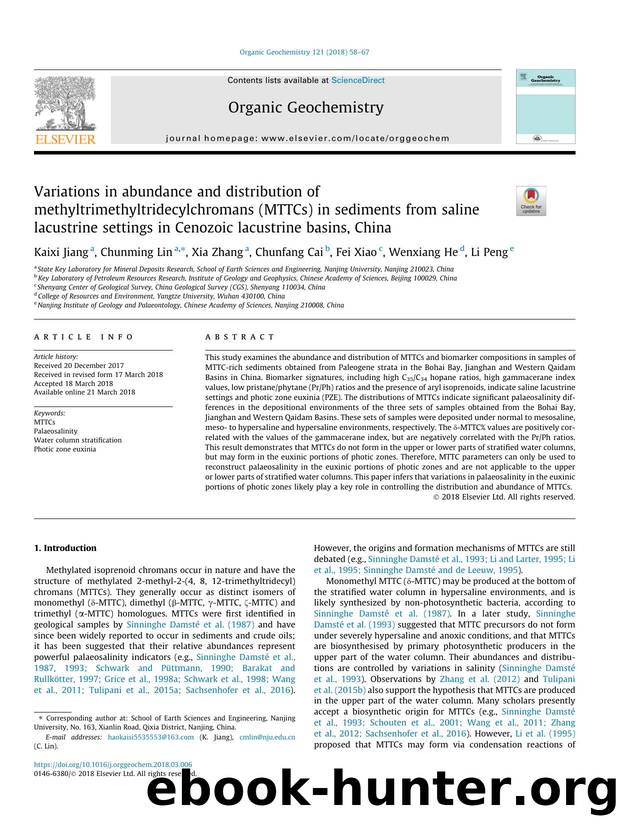 Variations in abundance and distribution of methyltrimethyltridecylchromans (MTTCs) in sediments from saline lacustrine settings in Cenozoic lacustrine basins, China by Kaixi Jiang & Chunming Lin & Xia Zhang & Chunfang Cai & Fei Xiao & Wenxiang He & Li Peng